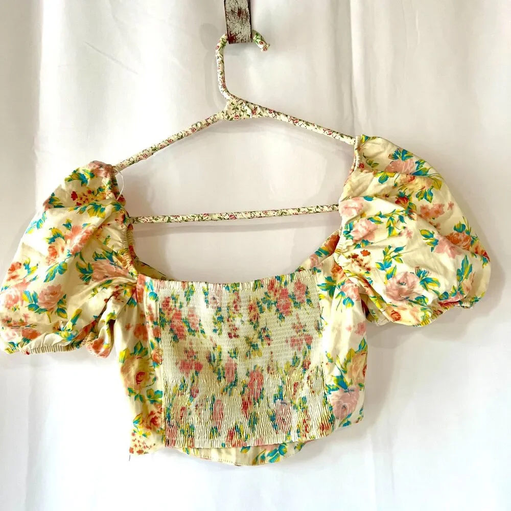 Zara Puff Sleeve Bustier Cropped Floral Corset Top Sz S NWOT Cottage, Boho